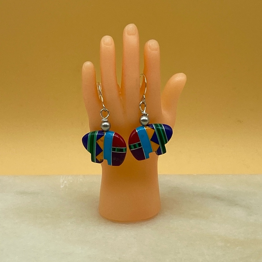 Vintage Zuni-style inlay bear multi-gemstones earrings silver 925 - 0020